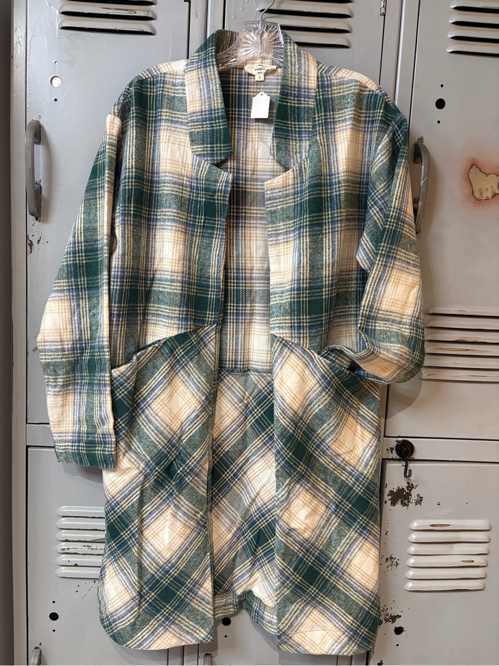 entro Green & Cream Plaid Open Front Flannel Shacket